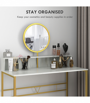 Dressing Table with Round Mirror, Vanity Makeup Desk Faux Marble Texture White