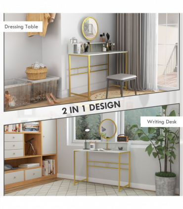 Dressing Table with Round Mirror, Vanity Makeup Desk Faux Marble Texture White