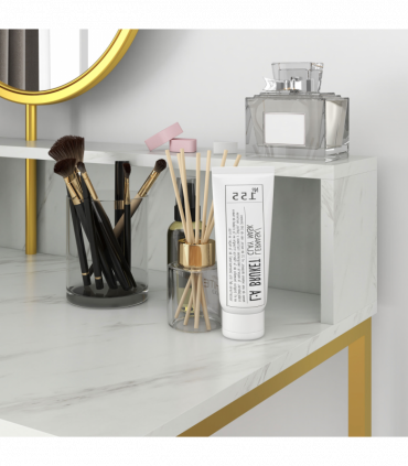 Dressing Table with Round Mirror, Vanity Makeup Desk Faux Marble Texture White