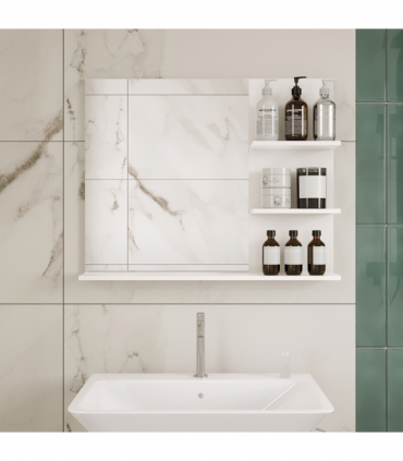 Modern Bathroom Wall Mounted Mirror with 3 Storage Open Shelves, White