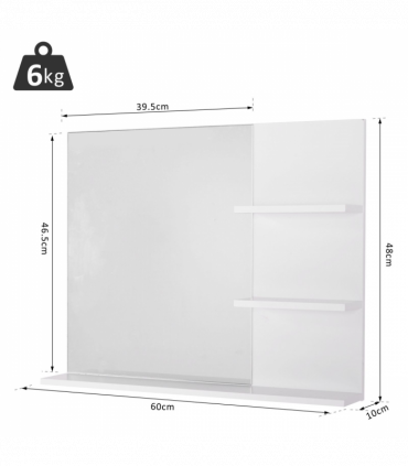 Modern Bathroom Wall Mounted Mirror with 3 Storage Open Shelves, White