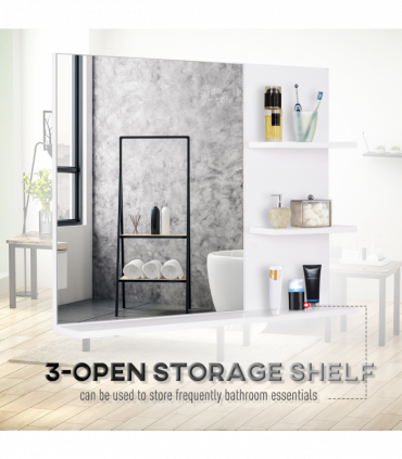 Modern Bathroom Wall Mounted Mirror with 3 Storage Open Shelves, White