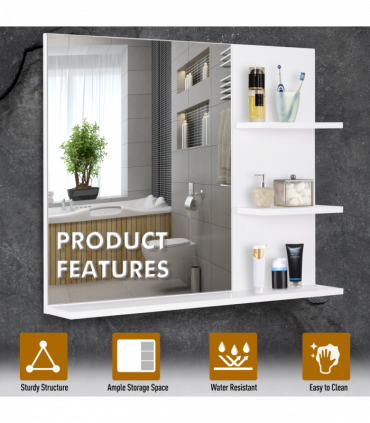 Modern Bathroom Wall Mounted Mirror with 3 Storage Open Shelves, White