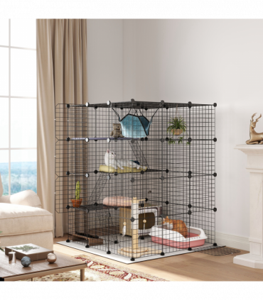 PawHut DIY 4 Tier Cat Cage Indoor with Hammock, Ramps, Doors, for 1-3 Cats