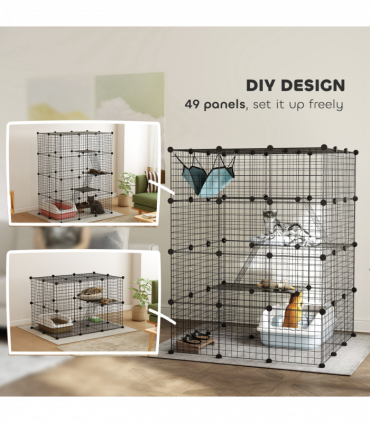 PawHut DIY 4 Tier Cat Cage Indoor with Hammock, Ramps, Doors, for 1-3 Cats