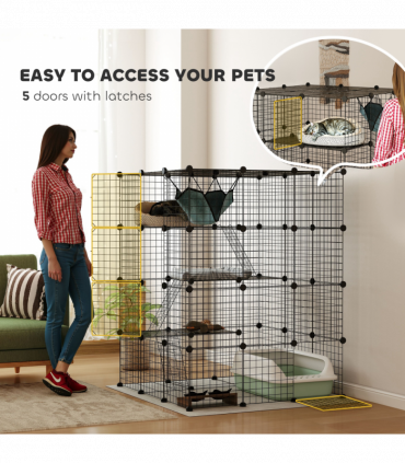 PawHut DIY 4 Tier Cat Cage Indoor with Hammock, Ramps, Doors, for 1-3 Cats