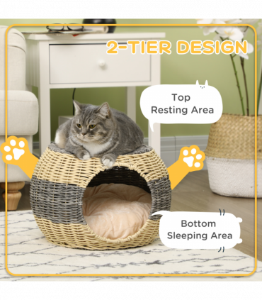 PawHut Wicker Cat House, Rattan Raised Cat Bed w/ Soft Cushion, 40 x 30cm