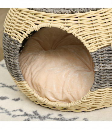 PawHut Wicker Cat House, Rattan Raised Cat Bed w/ Soft Cushion, 40 x 30cm