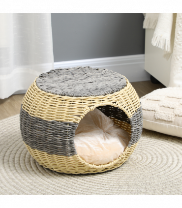 PawHut Wicker Cat House, Rattan Raised Cat Bed w/ Soft Cushion, 40 x 30cm