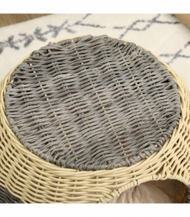 PawHut Wicker Cat House, Rattan Raised Cat Bed w/ Soft Cushion, 40 x 30cm