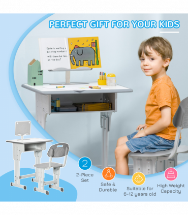 Kids Desk and Chair Set Adjustable Height Study Table w/ Book Stand