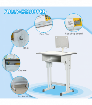 Kids Desk and Chair Set Adjustable Height Study Table w/ Book Stand