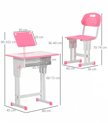Kids Desk and Chair Set Pink MDF and steel 60L x45W x102H cm Kids Desk and Chair