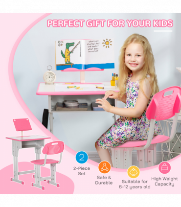 Kids Desk and Chair Set Pink MDF and steel 60L x45W x102H cm Kids Desk and Chair