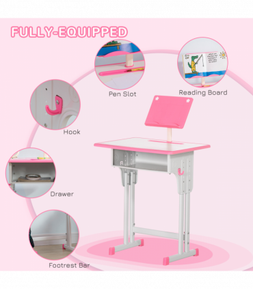 Kids Desk and Chair Set Pink MDF and steel 60L x45W x102H cm Kids Desk and Chair