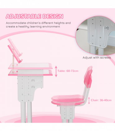 Kids Desk and Chair Set Pink MDF and steel 60L x45W x102H cm Kids Desk and Chair