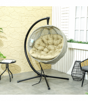 Outsunny Hanging Egg Chair Outdoor Indoor Swing Chair, Folding Basket, Khaki