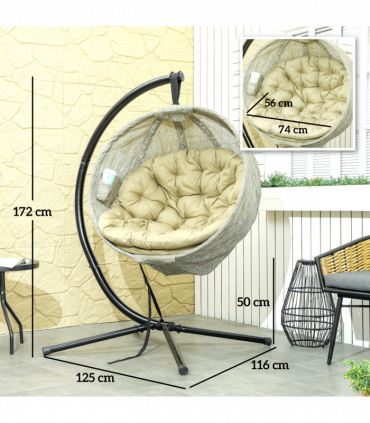 Outsunny Hanging Egg Chair Outdoor Indoor Swing Chair, Folding Basket, Khaki