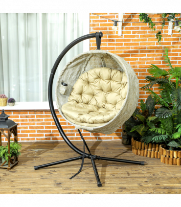 Outsunny Hanging Egg Chair Outdoor Indoor Swing Chair, Folding Basket, Khaki