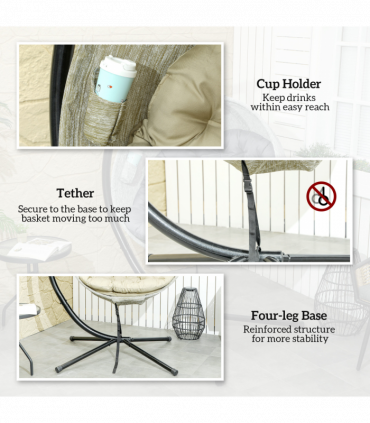 Outsunny Hanging Egg Chair Outdoor Indoor Swing Chair, Folding Basket, Khaki