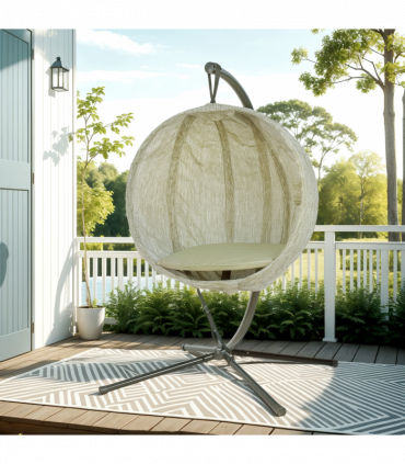 Outsunny Hanging Egg Chair Outdoor Indoor Swing Chair, Folding Basket, Khaki