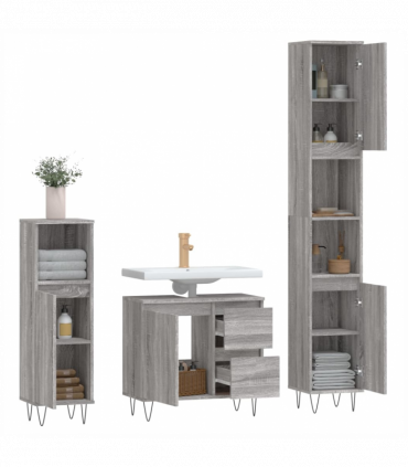 vidaXL 3 Piece Bathroom Furniture Set Grey Sonoma Engineered Wood