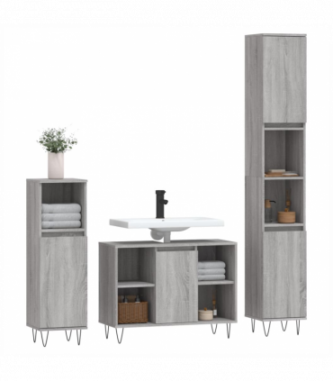 vidaXL 3 Piece Bathroom Furniture Set Grey Sonoma Engineered Wood