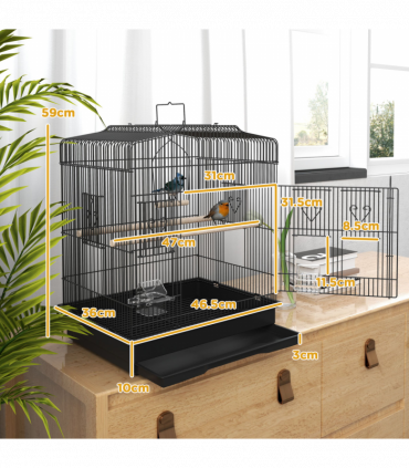 PawHut 59cm Large Bird Cage with Stand, Perches, Food Bowls, Swing, Black