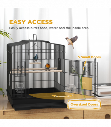 PawHut 59cm Large Bird Cage with Stand, Perches, Food Bowls, Swing, Black