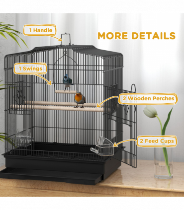PawHut 59cm Large Bird Cage with Stand, Perches, Food Bowls, Swing, Black