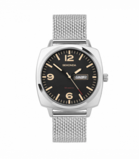 Sekonda Mens Airborne Day Date Black Dial With Stainless Steel Silver Mesh Bracelet Watch 30101