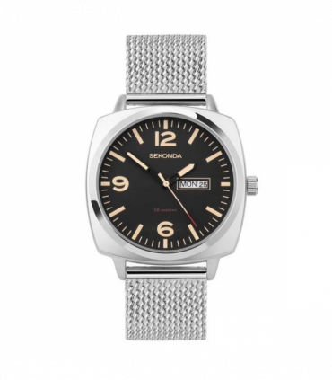 Sekonda Mens Airborne Day Date Black Dial With Stainless Steel Silver Mesh Bracelet Watch 30101