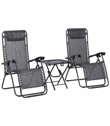 3PC Zero Gravity Chairs Sun Lounger Table Set Cup Holders - Light Grey Outsunny