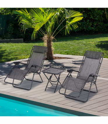 3PC Zero Gravity Chairs Sun Lounger Table Set Cup Holders - Light Grey Outsunny
