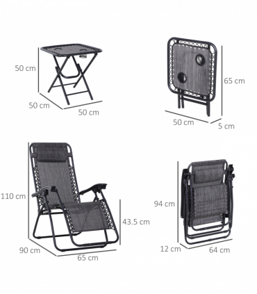 3PC Zero Gravity Chairs Sun Lounger Table Set Cup Holders - Light Grey Outsunny