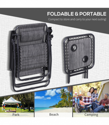 3PC Zero Gravity Chairs Sun Lounger Table Set Cup Holders - Light Grey Outsunny