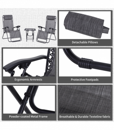 3PC Zero Gravity Chairs Sun Lounger Table Set Cup Holders - Light Grey Outsunny