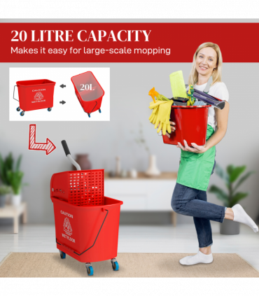 HOMCOM 20L Mop Bucket with Wringer Handle on Wheels for Floor Cleaning Red