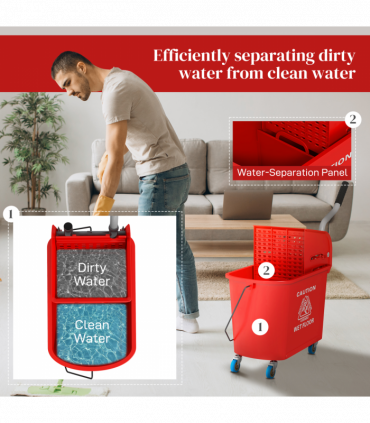 HOMCOM 20L Mop Bucket with Wringer Handle on Wheels for Floor Cleaning Red