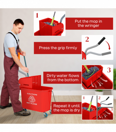 HOMCOM 20L Mop Bucket with Wringer Handle on Wheels for Floor Cleaning Red