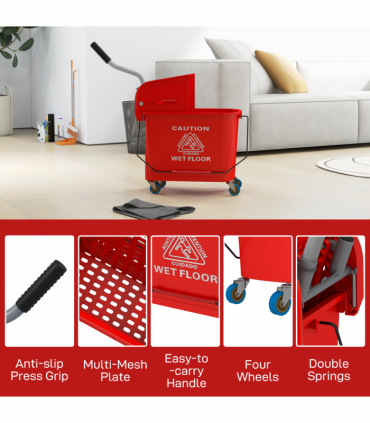 HOMCOM 20L Mop Bucket with Wringer Handle on Wheels for Floor Cleaning Red