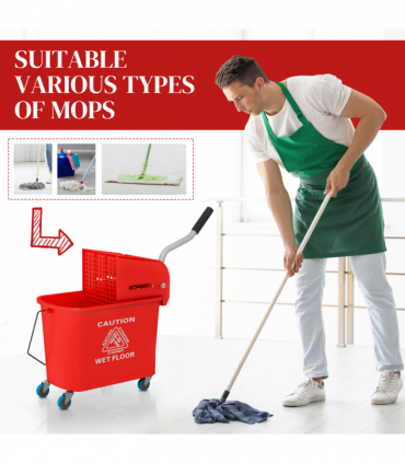 HOMCOM 20L Mop Bucket with Wringer Handle on Wheels for Floor Cleaning Red