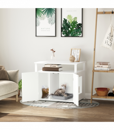 Inside Tabletop Side Table Cat Box Fixture w/ Magnetic Closing Door, White