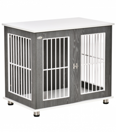 Modern Dog Crate Pet Kennel Cage w/ Lockable Door - Grey & White Pawhut