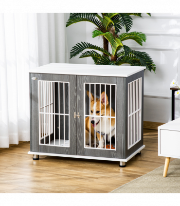 Modern Dog Crate Pet Kennel Cage w/ Lockable Door - Grey & White Pawhut
