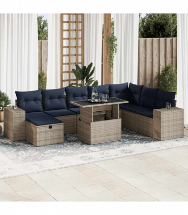 vidaXL 9 Piece Garden Sofa Set with Cushions Brown Poly Rattan Acacia