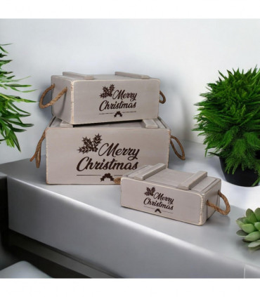S/3 RUSTIC GREY CRATES WITH LIDS ROPE HAND