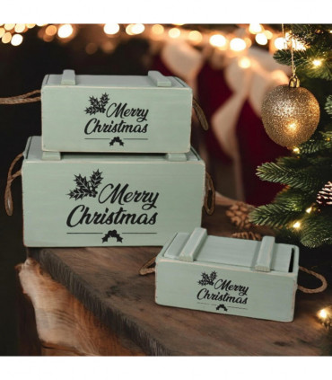 S/3 RUSTIC GREEN CRATES WITH LIDS ROPE HAN