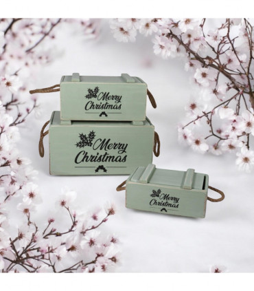 S/3 RUSTIC GREEN CRATES WITH LIDS ROPE HAN