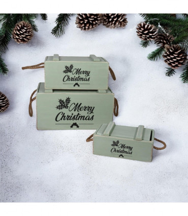 S/3 RUSTIC GREEN CRATES WITH LIDS ROPE HAN